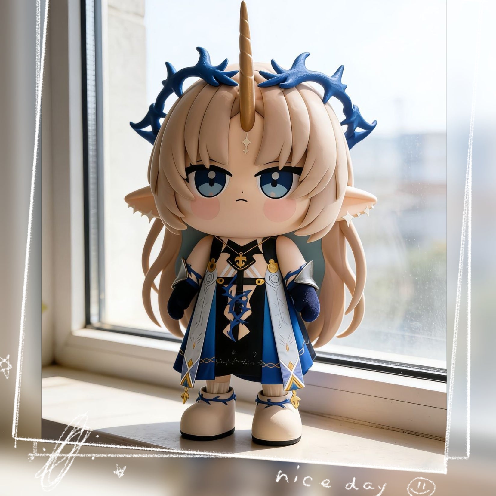 Muyo House Fanmade Fanart Long Yellow Hair Blue Clothes With Horn 13CM Action Figures