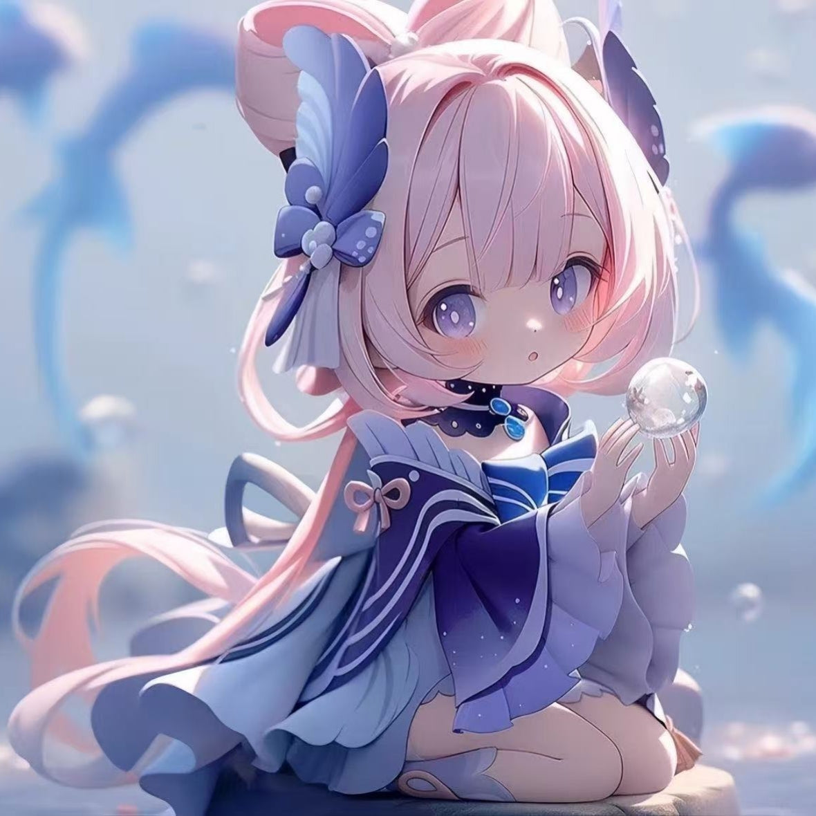 Muyo House Fanmade Fanart Long Pink Hair Purple Clothes 13CM Siting Pose Action Figure