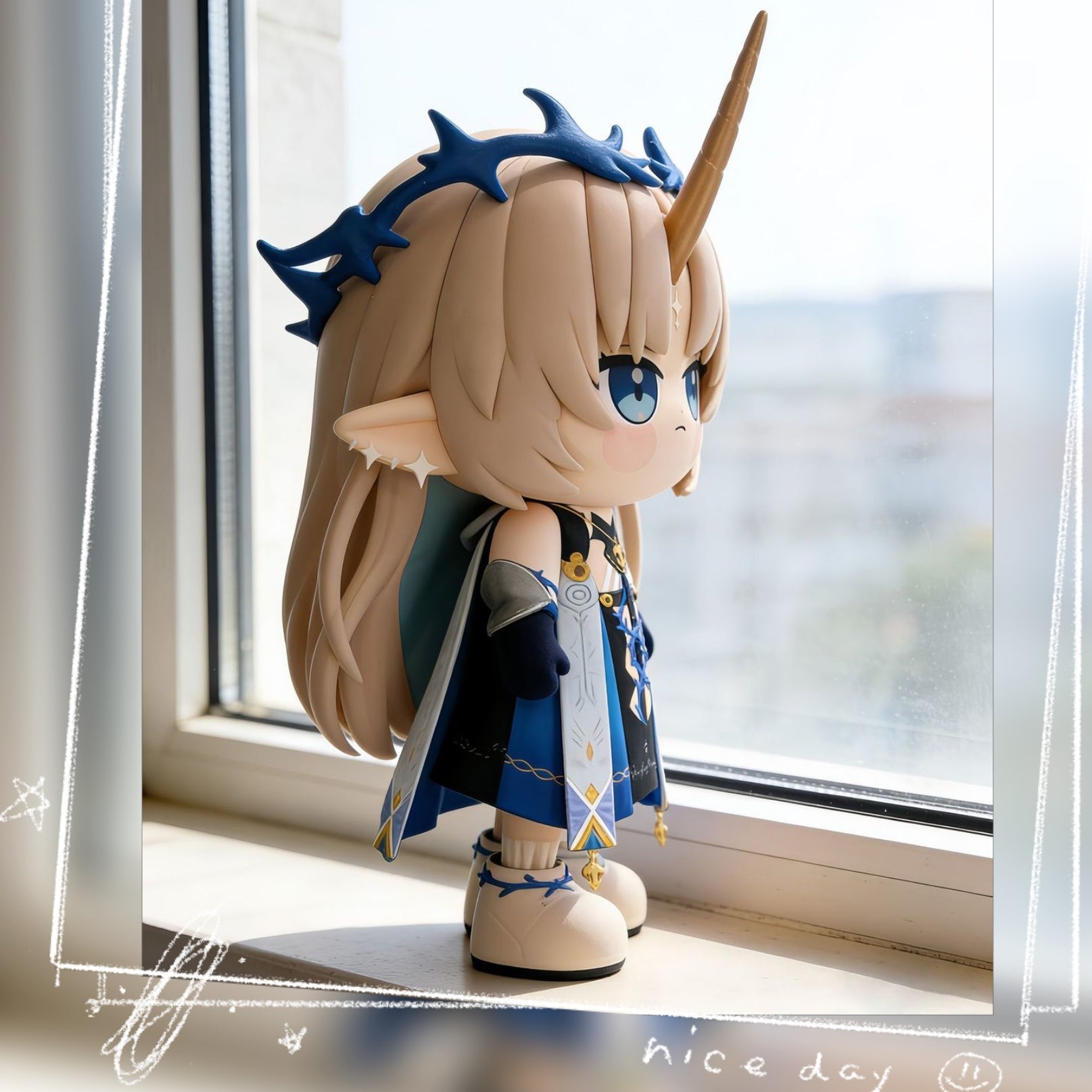 Muyo House Fanmade Fanart Long Yellow Hair Blue Clothes With Horn 13CM Action Figures