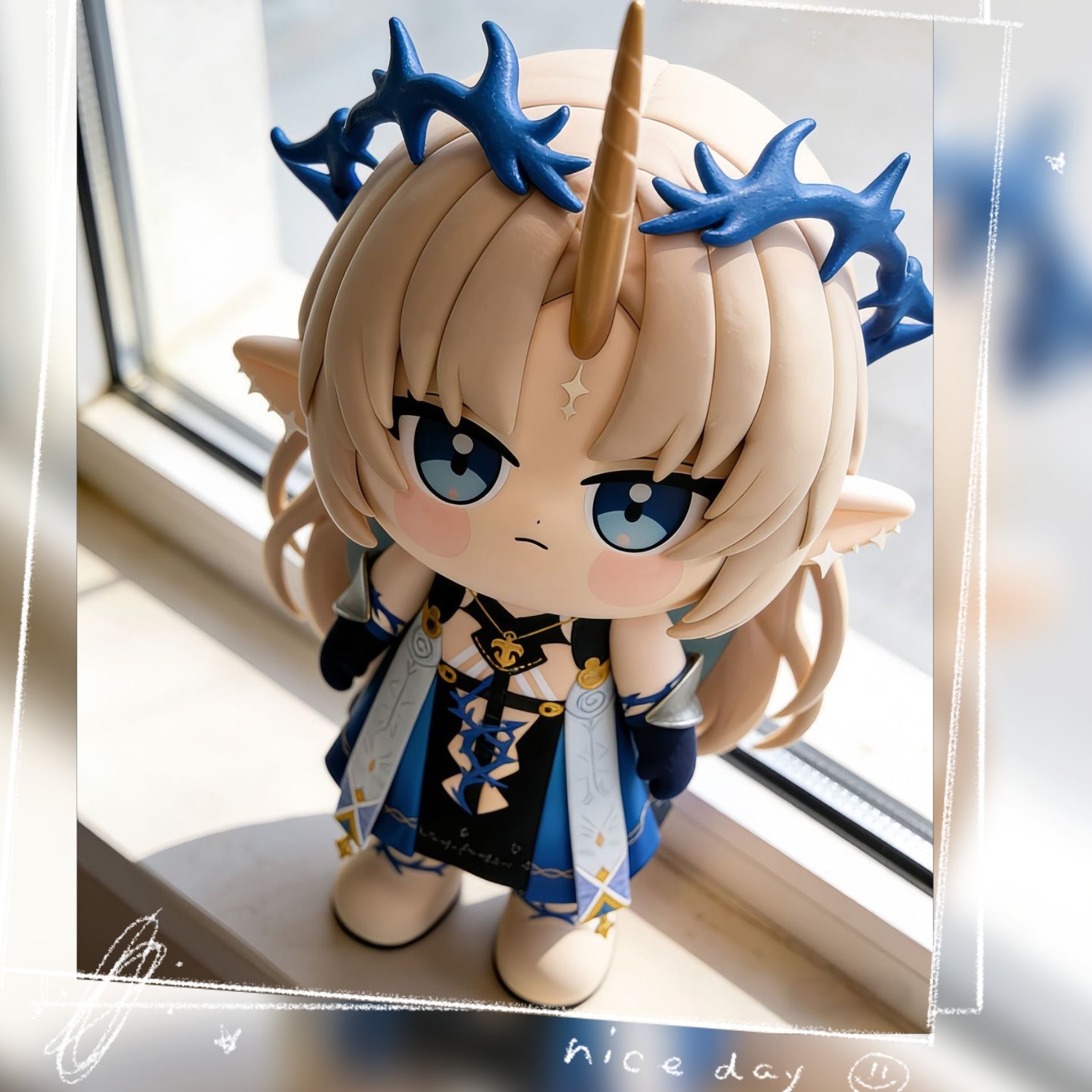 Muyo House Fanmade Fanart Long Yellow Hair Blue Clothes With Horn 13CM Action Figures