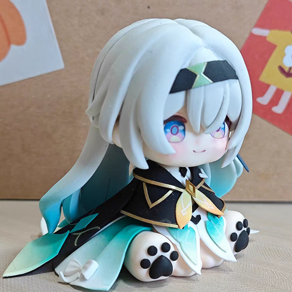 Muyo House Fanmade Fanart Long Silver-white Hair With Light Green Clothes 6CM Siting Pose Action Figure