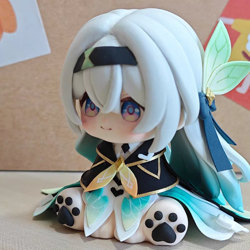 Muyo House Fanmade Fanart Long Silver-white Hair With Light Green Clothes 6CM Siting Pose Action Figure