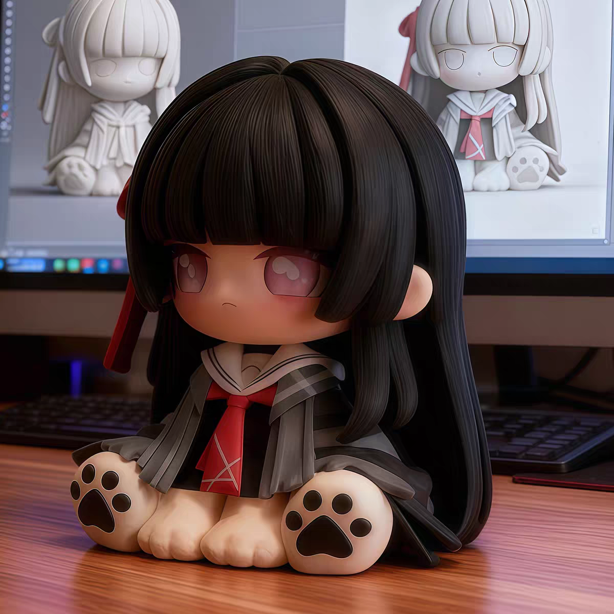 Muyo House Fanmade Fanart Long Black Hair Blue Gray Clothes 8CM Siting Pose Action Figure