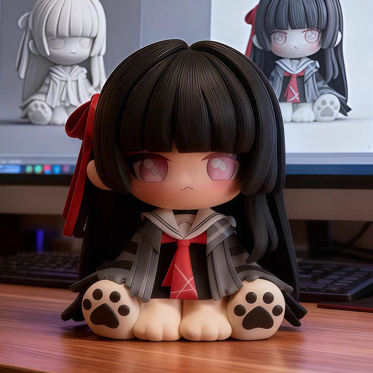 Muyo House Fanmade Fanart Long Black Hair Blue Gray Clothes 8CM Siting Pose Action Figure